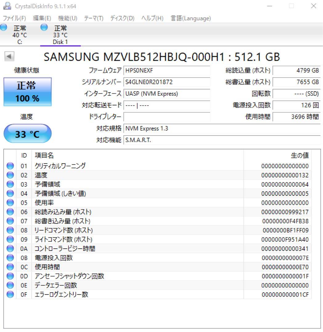 SAMSUNG M.2 NVMe 内蔵型SSD 512GB 3696時間動作品