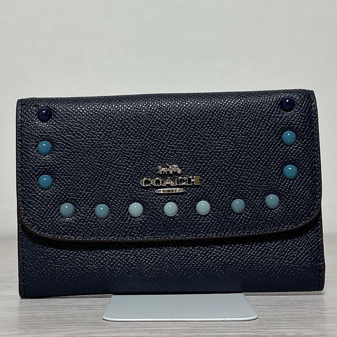✨美品✨Coach コーチ 2つ折り財布 スタッズ レザー 小銭入れ ネイビー