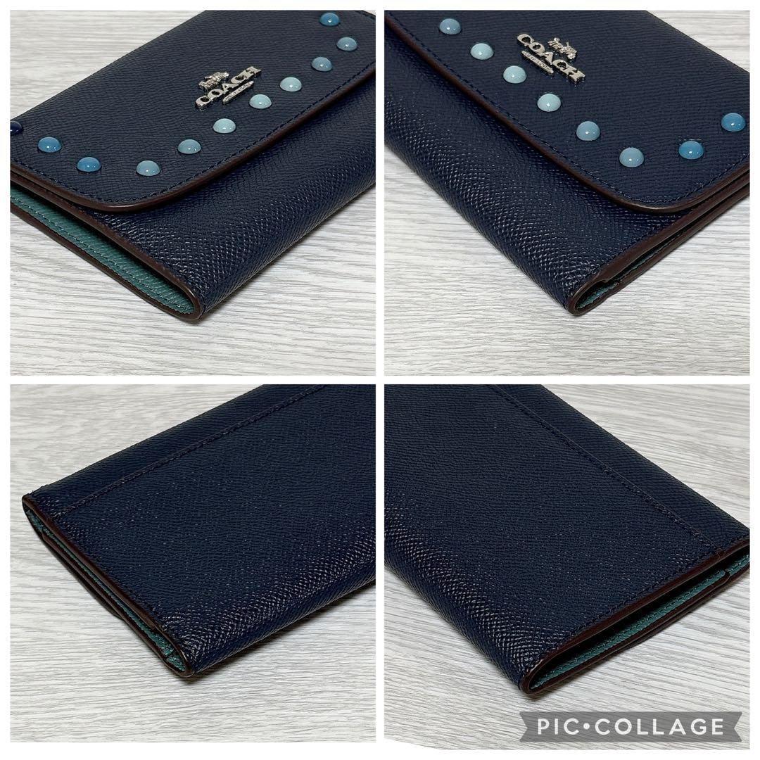 ✨美品✨Coach コーチ 2つ折り財布 スタッズ レザー 小銭入れ ネイビー