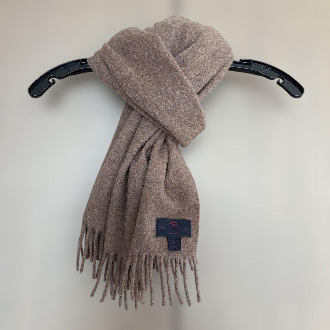 ETRO 大判　カシミアマフラー ブラウン系 フリンジ付き　170x46
