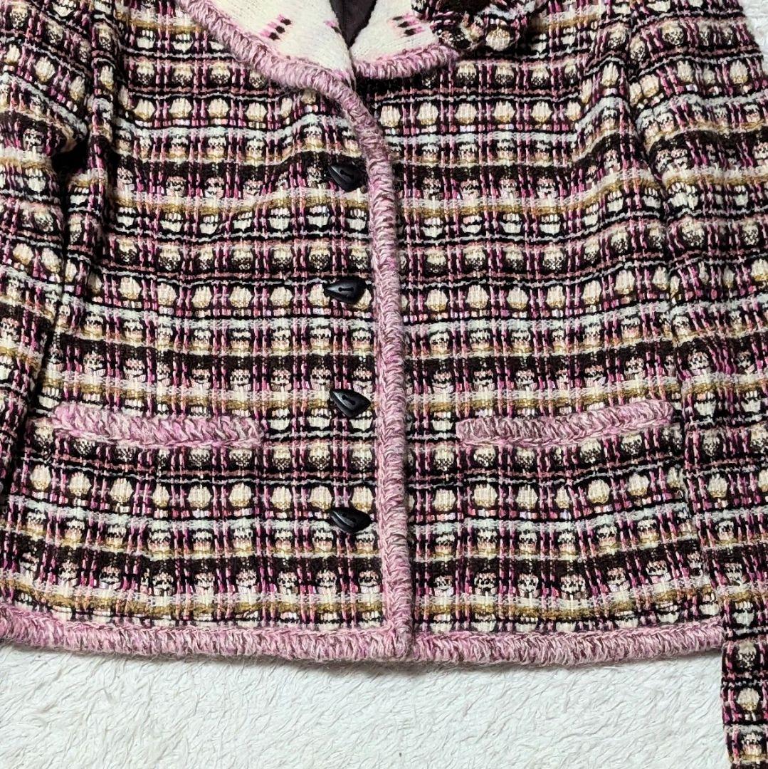 美品◎Rene モヘヤアンゴラ混 ツィードジャケット TISSUE社 M ピンク