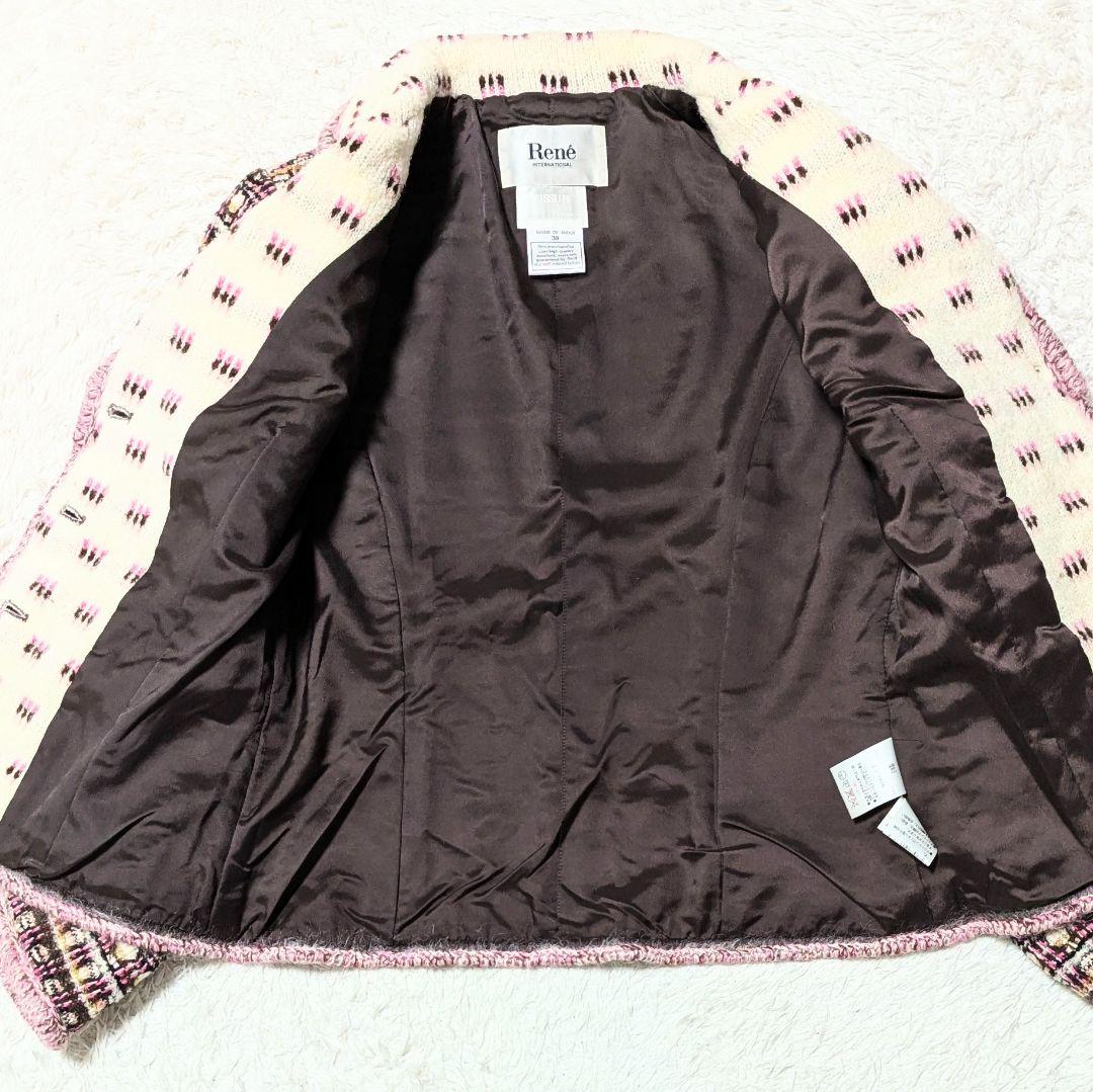 美品◎Rene モヘヤアンゴラ混 ツィードジャケット TISSUE社 M ピンク