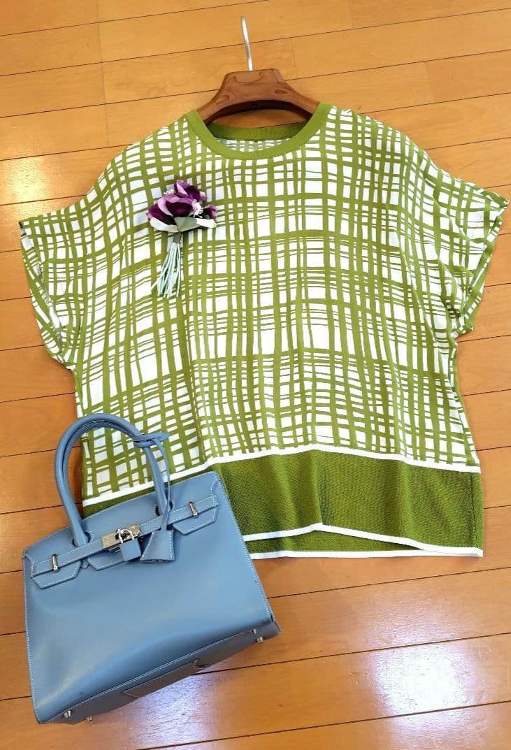 レリアン 近年モデル 抹茶グリーン 格子柄トップスプルオーバー13+XL