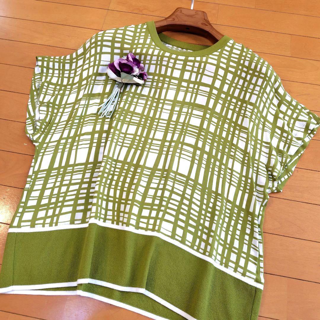 レリアン 近年モデル 抹茶グリーン 格子柄トップスプルオーバー13+XL