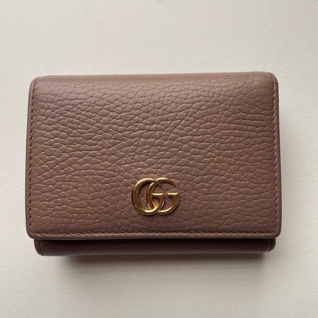 か*な様 GUCCI ピンクベージュ レザー三つ折り財布 GGマーモント　ダブル