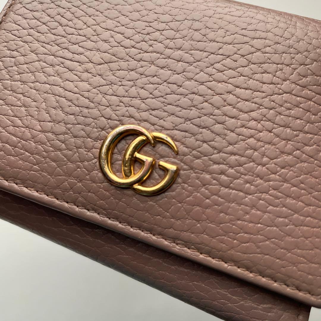 か*な様 GUCCI ピンクベージュ レザー三つ折り財布 GGマーモント　ダブル