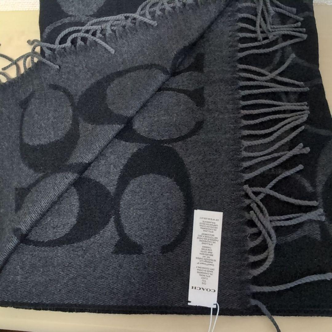 新品 COACH コーチ マフラー シグネチャー ウール ブラック 大判 ロゴ
