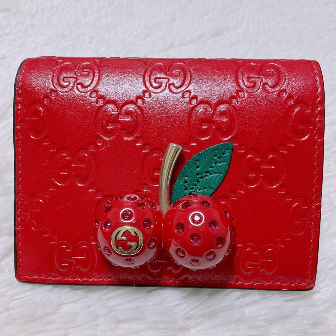 ♡超極美品♡GUCCI グッチ 二つ折り財布 GGシマ チェリー さくらんぼ 赤
