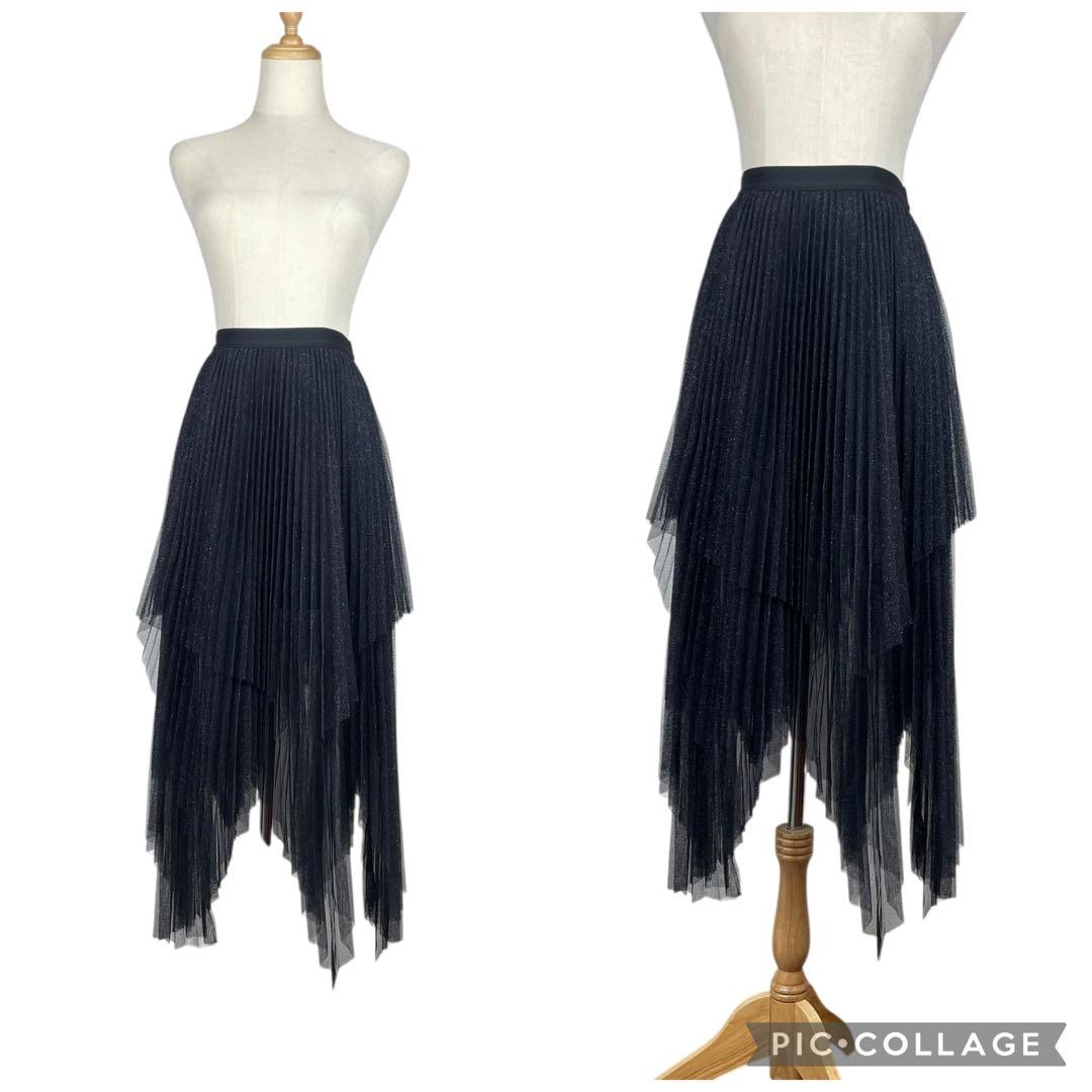 【極美品】オールセインツ★プリーツ　アシメ　ロングスカート　ラメ　チュール　黒