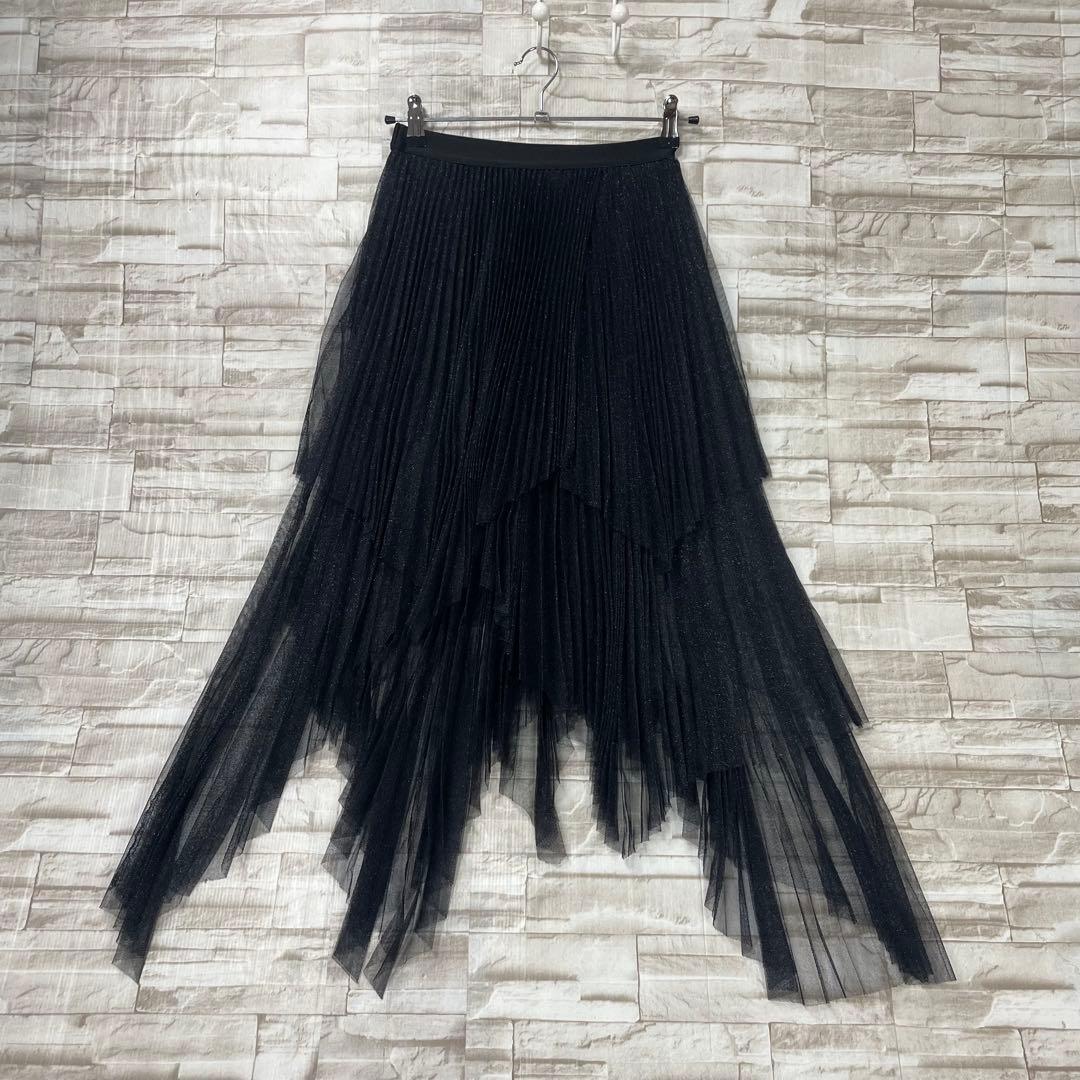 【極美品】オールセインツ★プリーツ　アシメ　ロングスカート　ラメ　チュール　黒