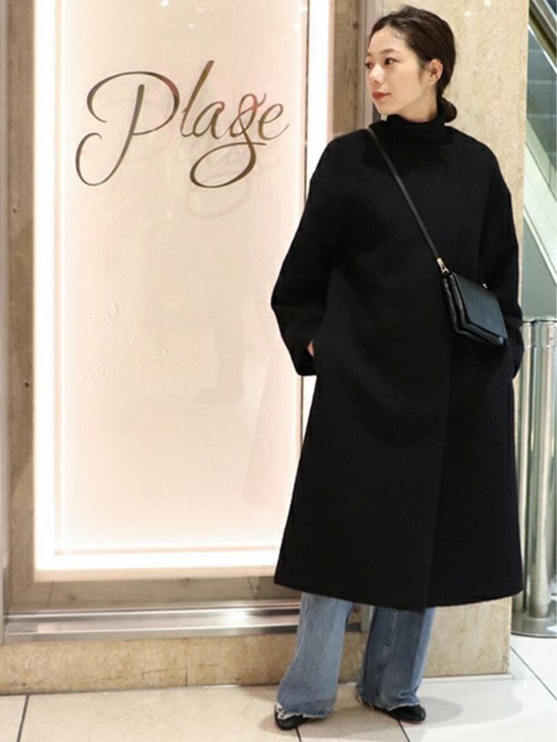 【plage プラージュ】美品 シャギー ノーカラーコート アルパカ ロング 黒