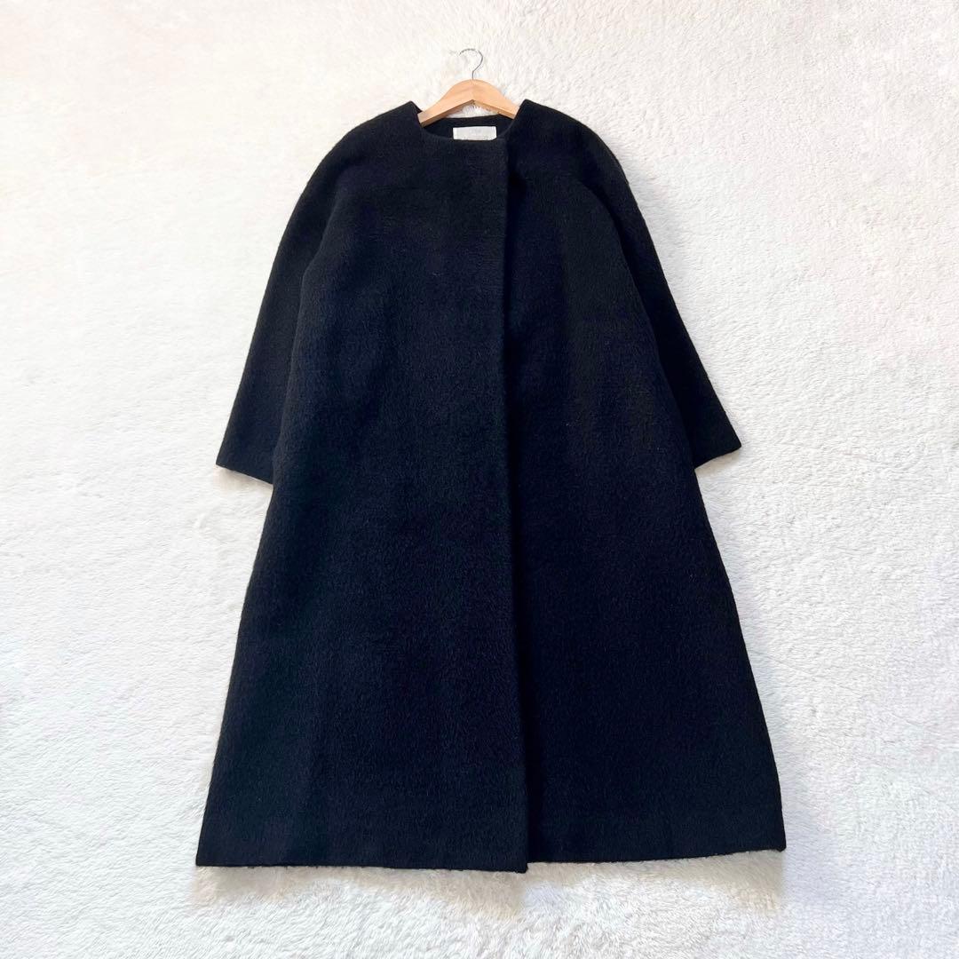 【plage プラージュ】美品 シャギー ノーカラーコート アルパカ ロング 黒