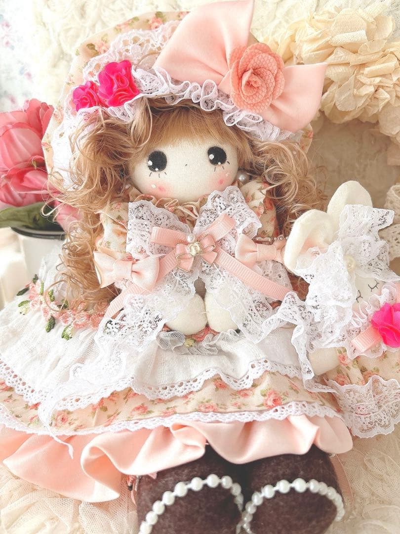 カントリードール♡ハンドメイド♡お人形♡サーモンピンク小花柄♡