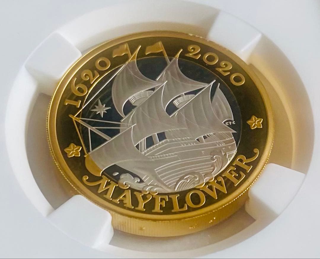 2020年 イギリス メイフラワー号出航400周年記念 2色金メッキプルーフ銀貨