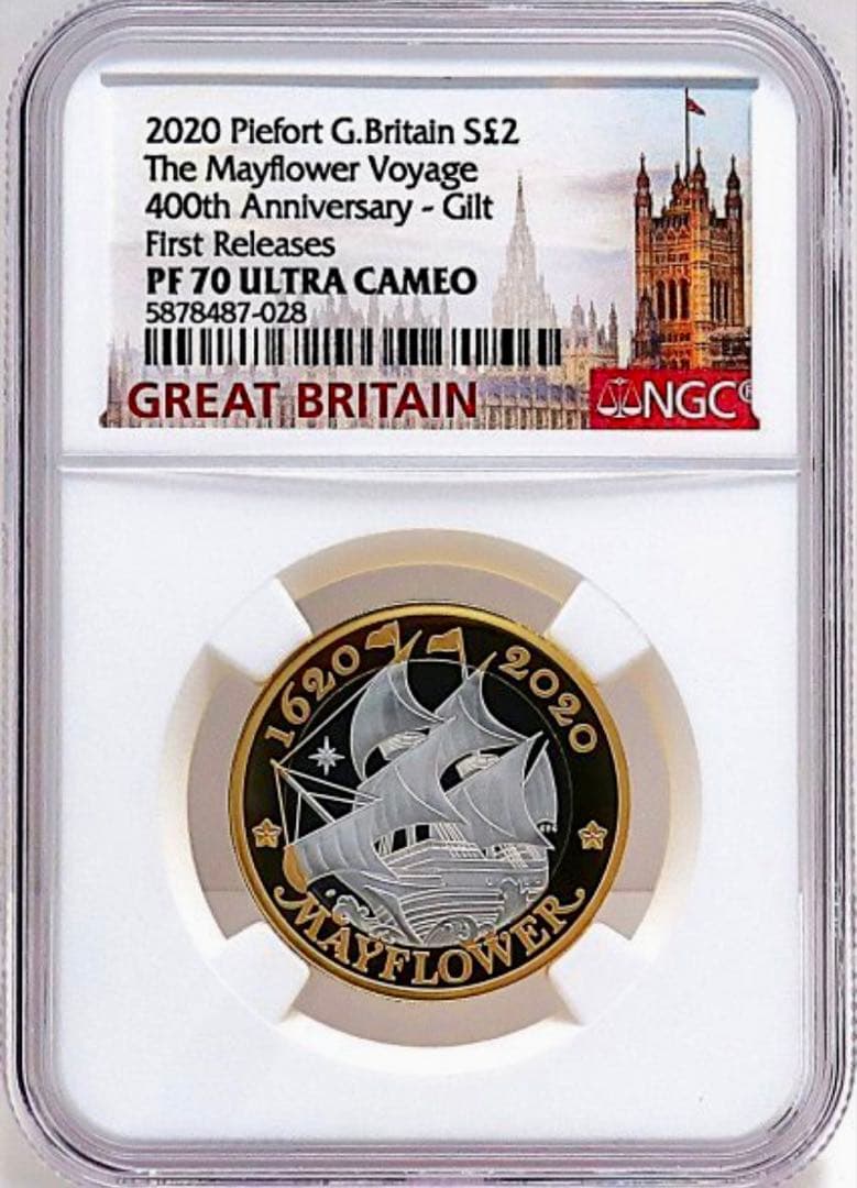 2020年 イギリス メイフラワー号出航400周年記念 2色金メッキプルーフ銀貨