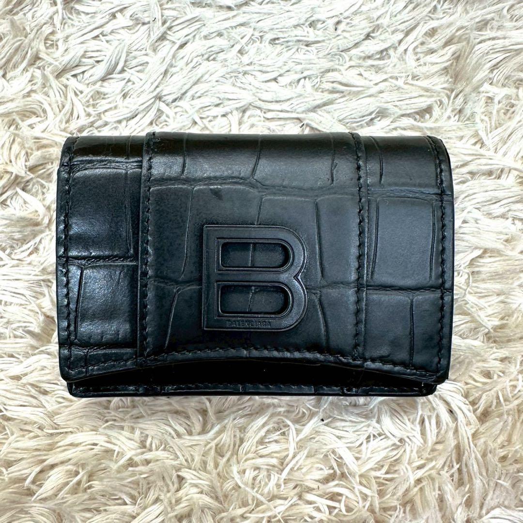 【美品】バレンシアガ 三つ折財布 ブラック アワーグラス クロコ Bロゴ