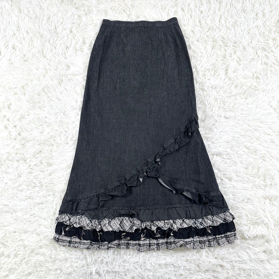 美品✨ ピンクハウス デニム フリル スカート 編み上げリボン スリット　L