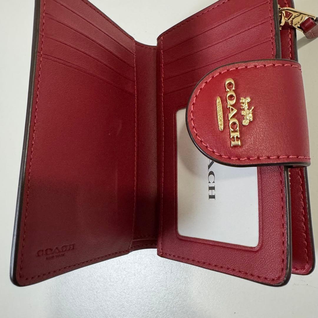 【美品】コーチ 二つ折り財布 シグネチャー ブラウン レッド