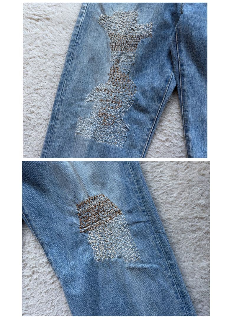 極美品✨45R 風比古デニムの5 あい風加工 刺し子 ブルー 定価7.9万