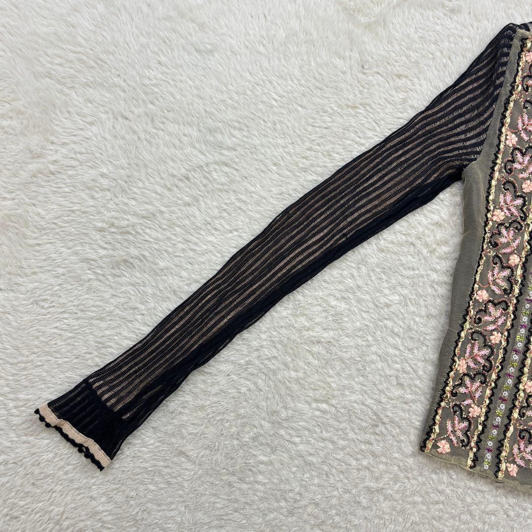 アンナモリナーリ【F】黒×薄茶系 刺繍＆ビーズ ネットカーディガン 薄手 透け感