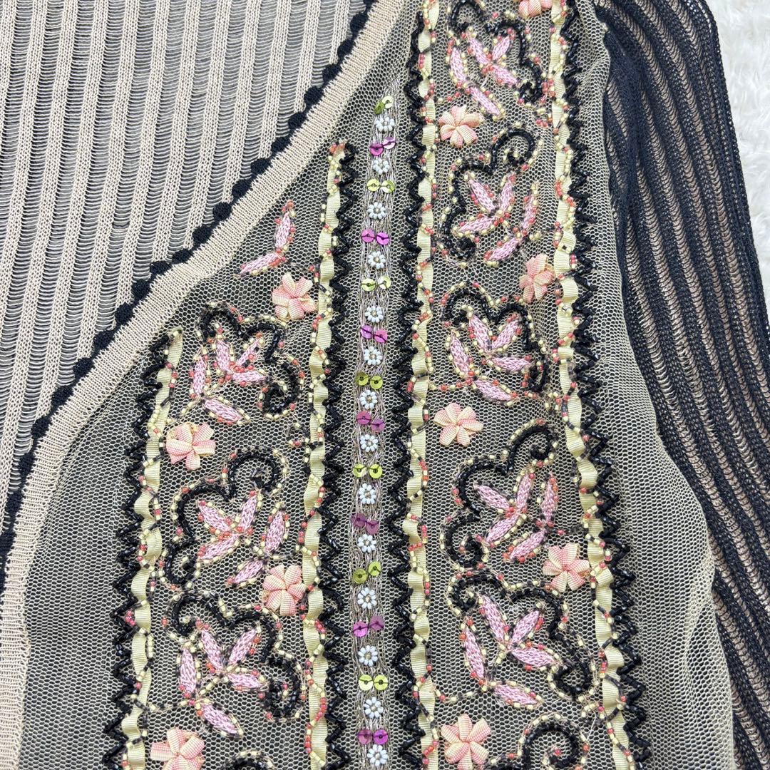 アンナモリナーリ【F】黒×薄茶系 刺繍＆ビーズ ネットカーディガン 薄手 透け感