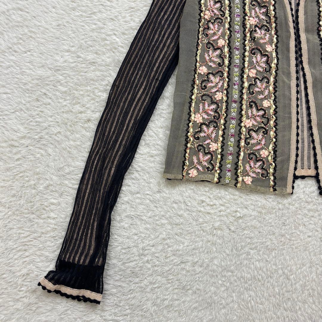 アンナモリナーリ【F】黒×薄茶系 刺繍＆ビーズ ネットカーディガン 薄手 透け感