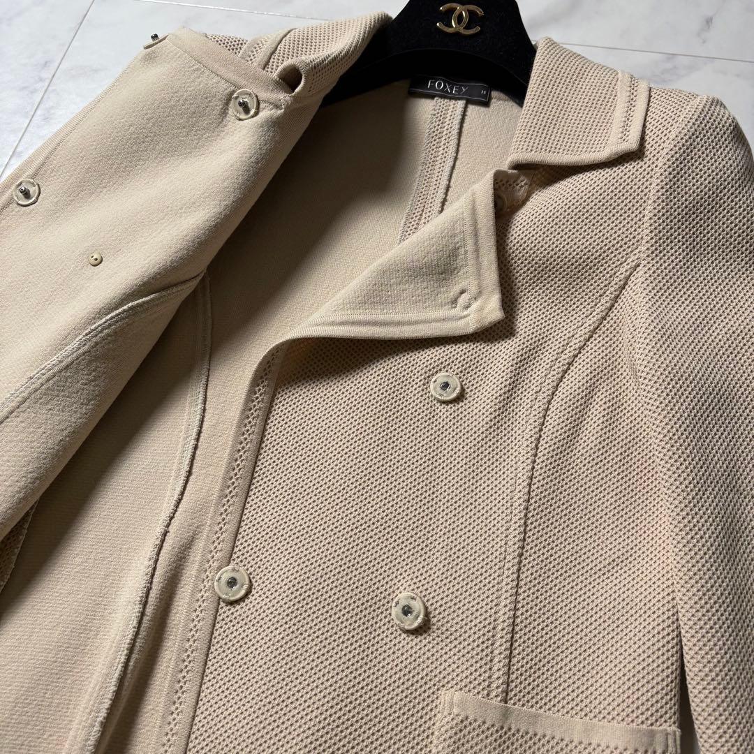 【美品】FOXEY ニットピケジャケット ダブル 38 ベージュ