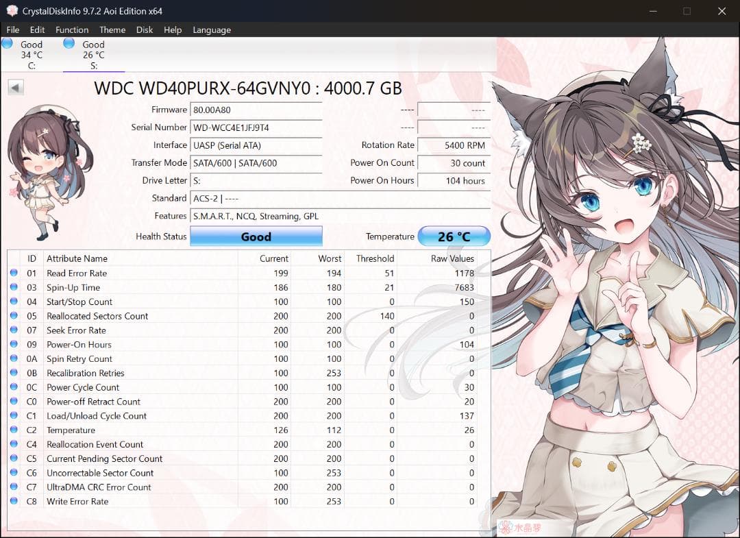 内蔵型ハードディスクドライブ WD Purple 4TB ~100H WD40PURX