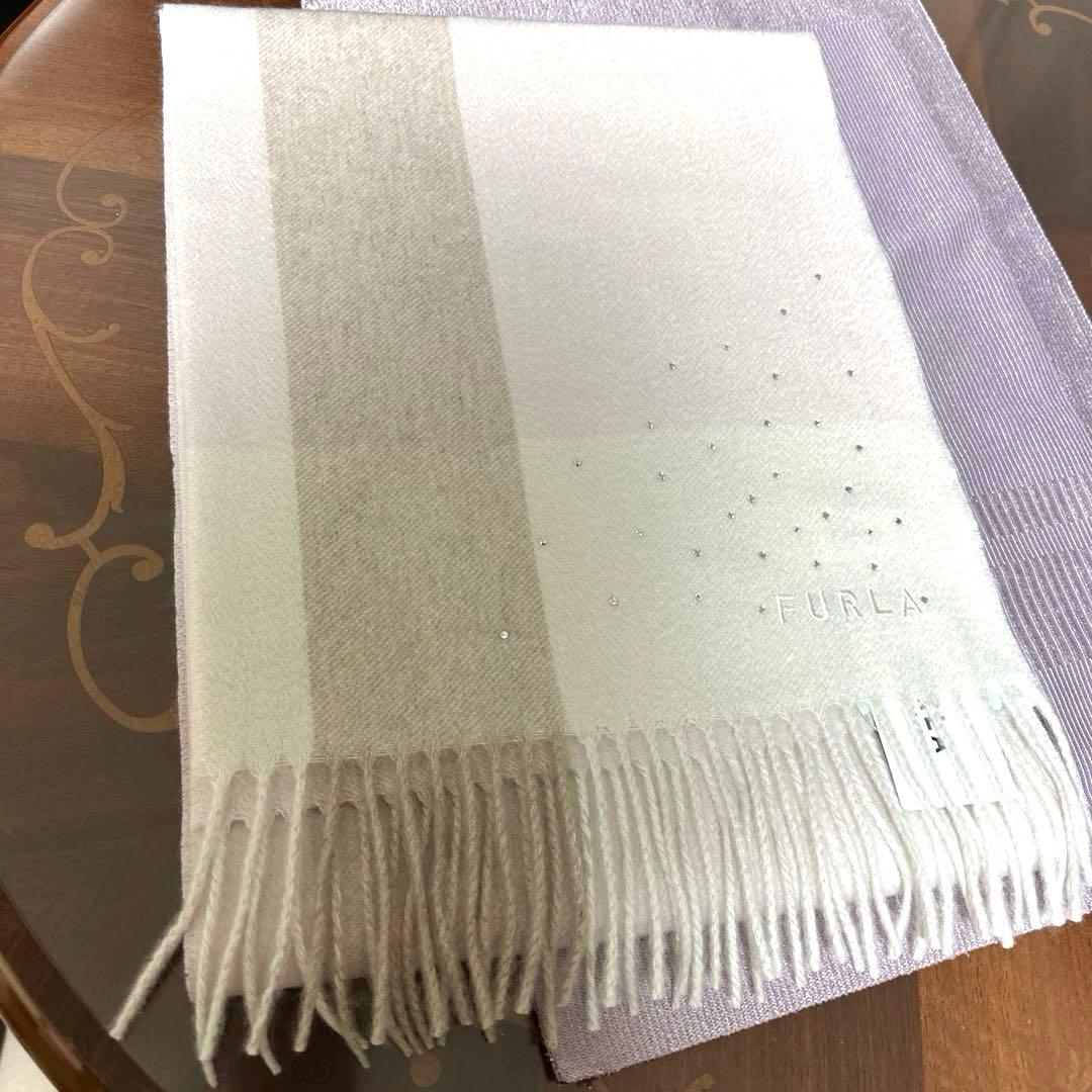 新品未使用タグ付フルラカシミヤマフラーラインストーン31×190 ピンクベージュ