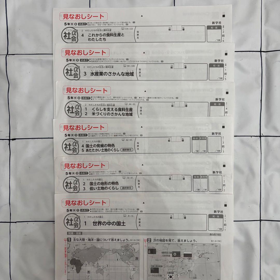 カラーテスト　見なおしシート　社会　5年　東京書籍　新学社　アルファ
