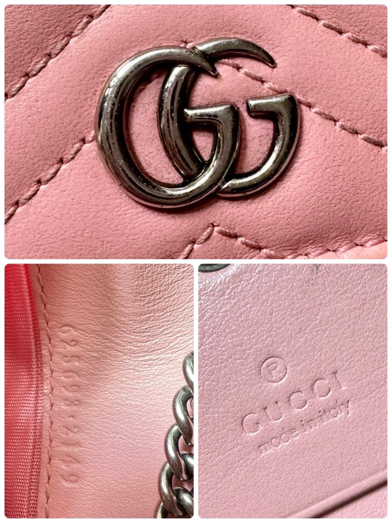 GUCCI GGマーモント レザー チェーンショルダーウォレット ピンク