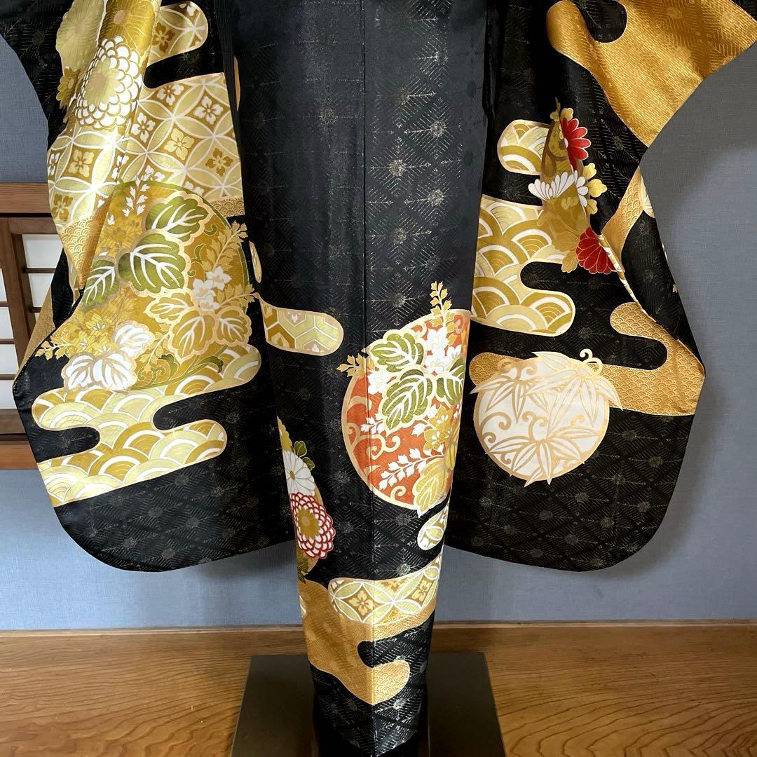 振袖フルセット　手描き友禅　手刺繍　金彩　成人式振袖　振袖　黒