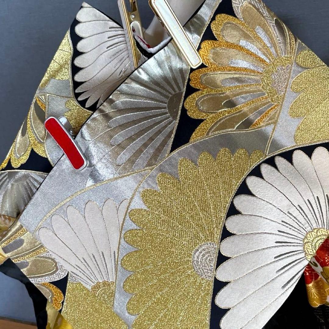 振袖フルセット　手描き友禅　手刺繍　金彩　成人式振袖　振袖　黒