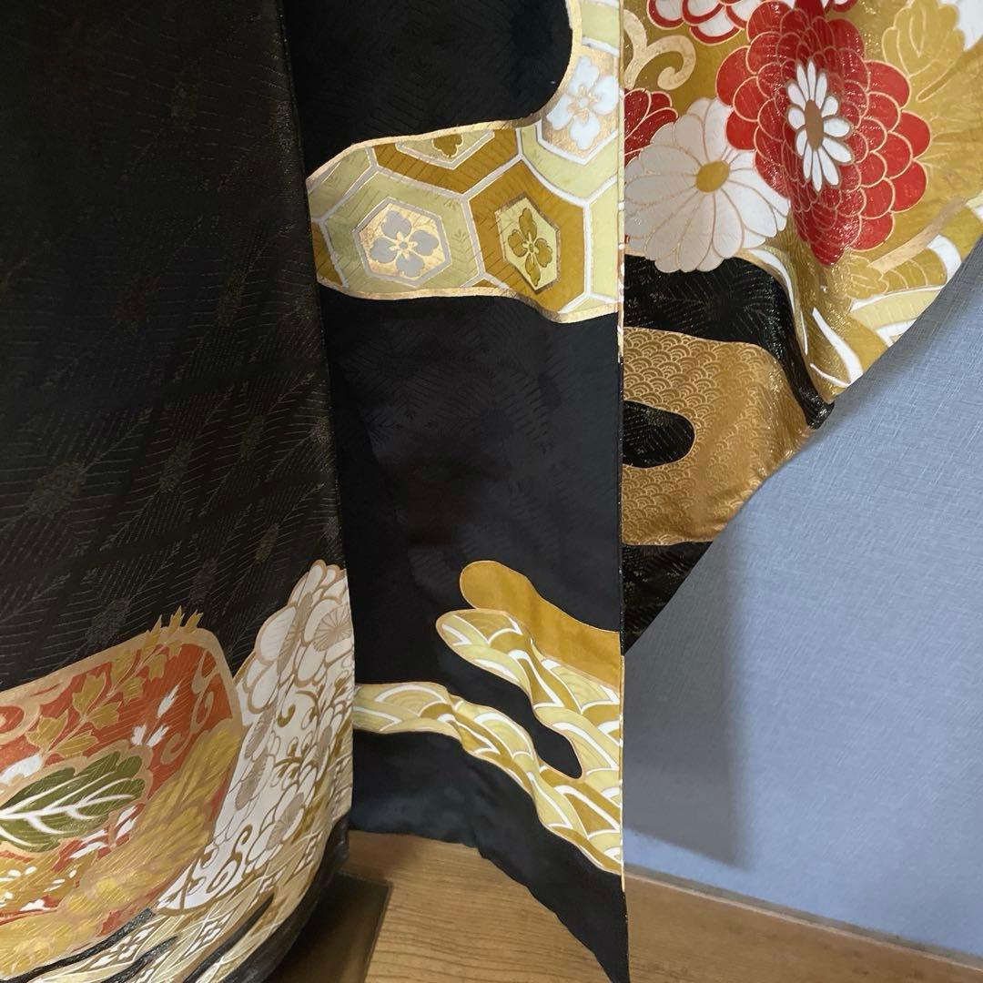 振袖フルセット　手描き友禅　手刺繍　金彩　成人式振袖　振袖　黒