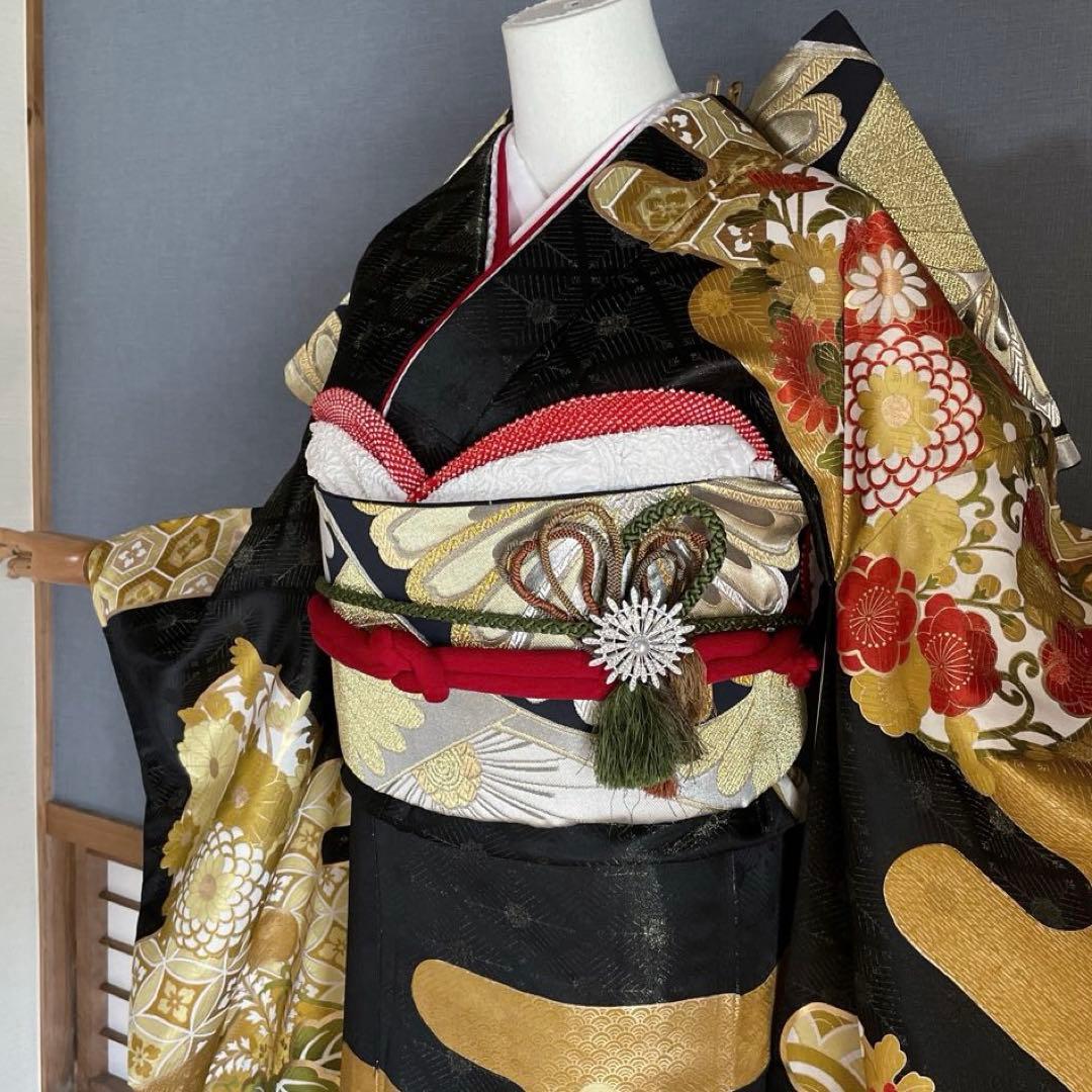 振袖フルセット　手描き友禅　手刺繍　金彩　成人式振袖　振袖　黒