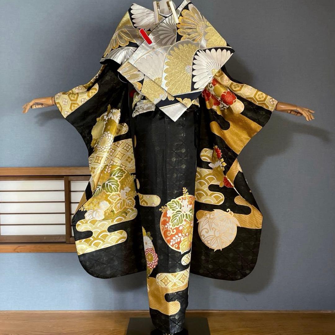 振袖フルセット　手描き友禅　手刺繍　金彩　成人式振袖　振袖　黒