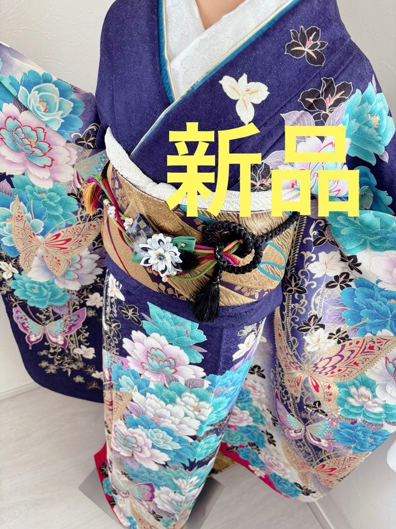 新品　豪華振袖フルセット　蝶　牡丹　ブルー系　大輪　成人式に！！