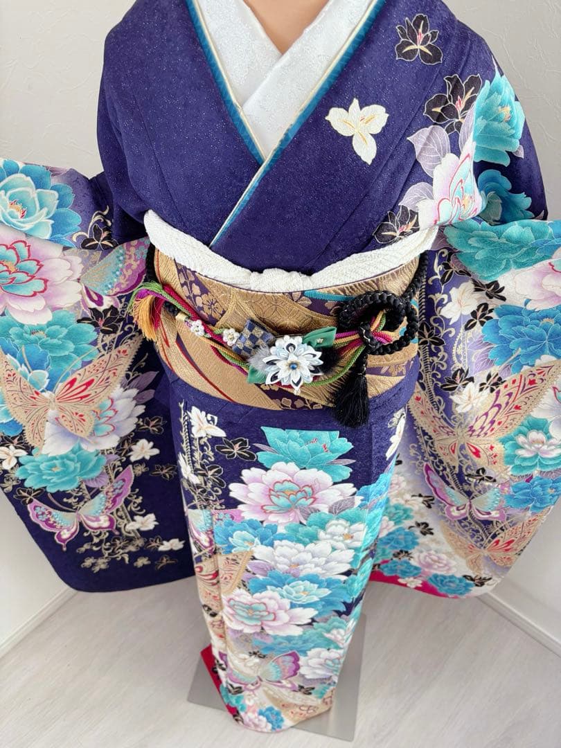 新品　豪華振袖フルセット　蝶　牡丹　ブルー系　大輪　成人式に！！
