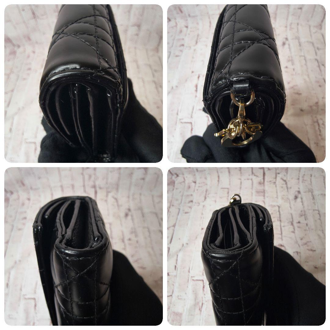 【美品】ディオール 三つ折財布 ロータス カナージュ エナメル ラムスキン／黒H