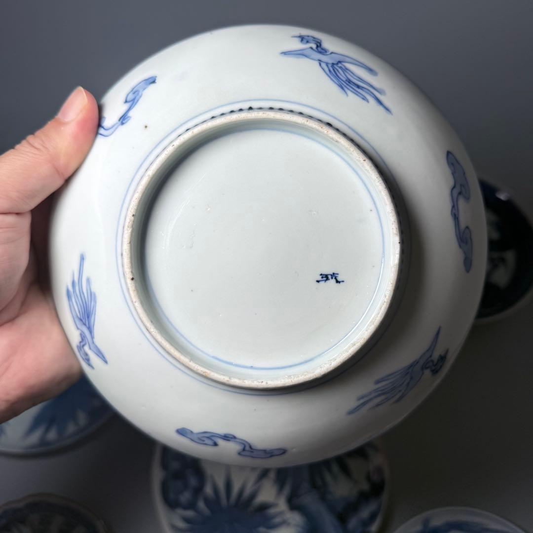 古伊万里　染付　青花　錦　花蝶図　墨弾き　芙蓉手　風景画　まとめて六枚　平皿　鉢