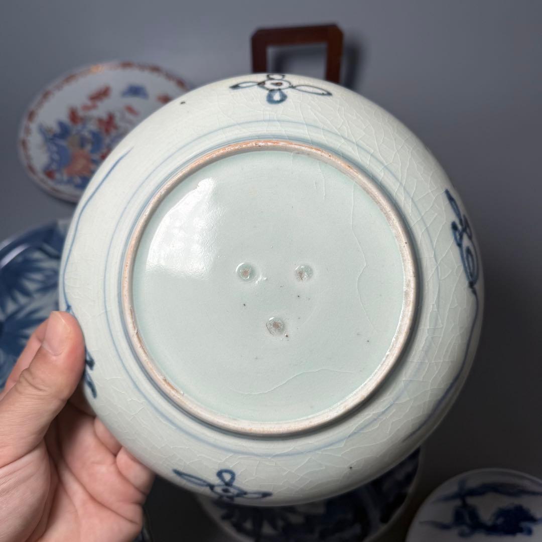 古伊万里　染付　青花　錦　花蝶図　墨弾き　芙蓉手　風景画　まとめて六枚　平皿　鉢