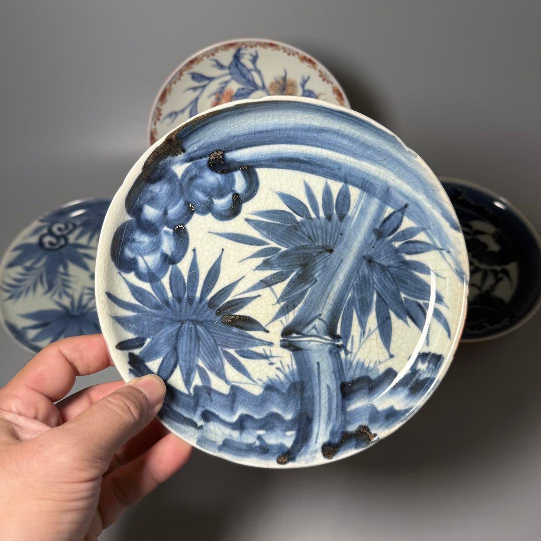 古伊万里　染付　青花　錦　花蝶図　墨弾き　芙蓉手　風景画　まとめて六枚　平皿　鉢