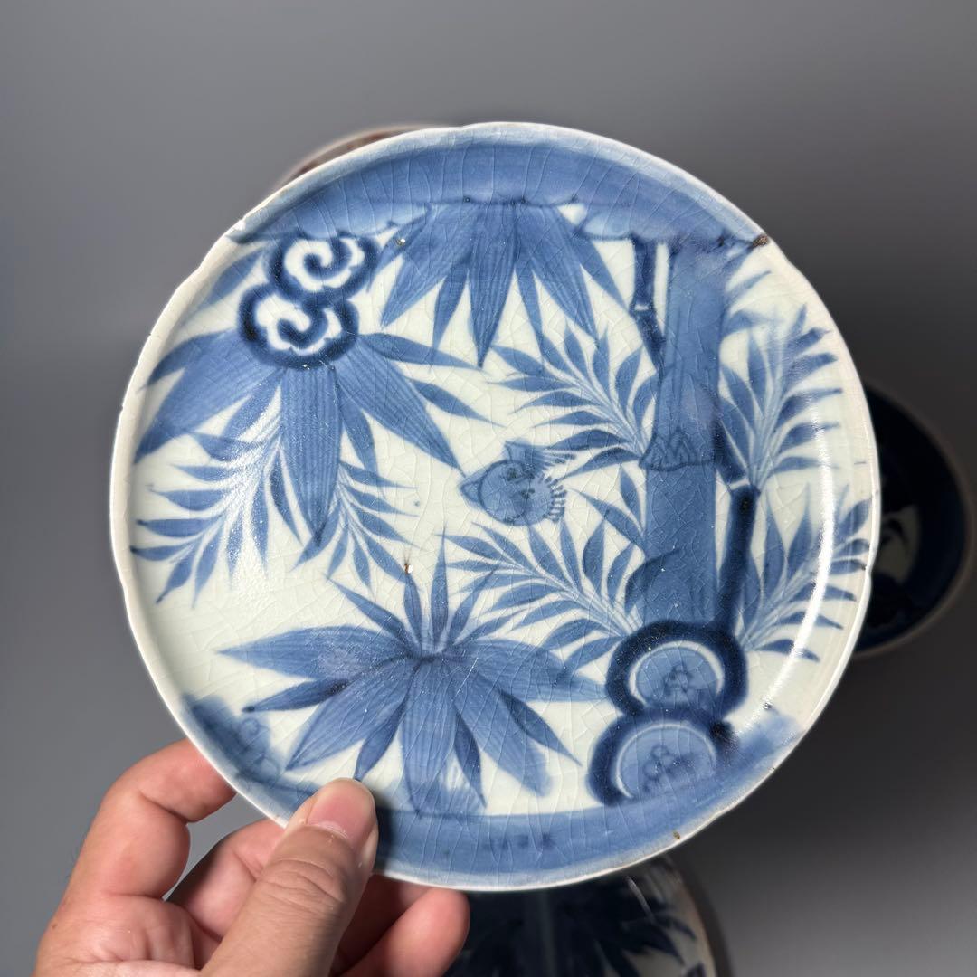古伊万里　染付　青花　錦　花蝶図　墨弾き　芙蓉手　風景画　まとめて六枚　平皿　鉢