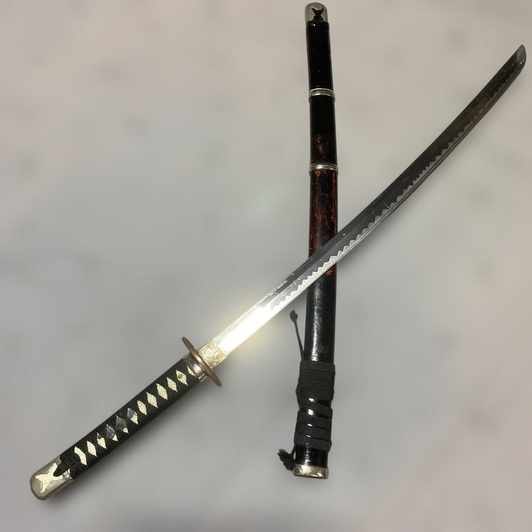 演技用軽量模造任侠刀 黒柄 三つ葉透し丸鍔