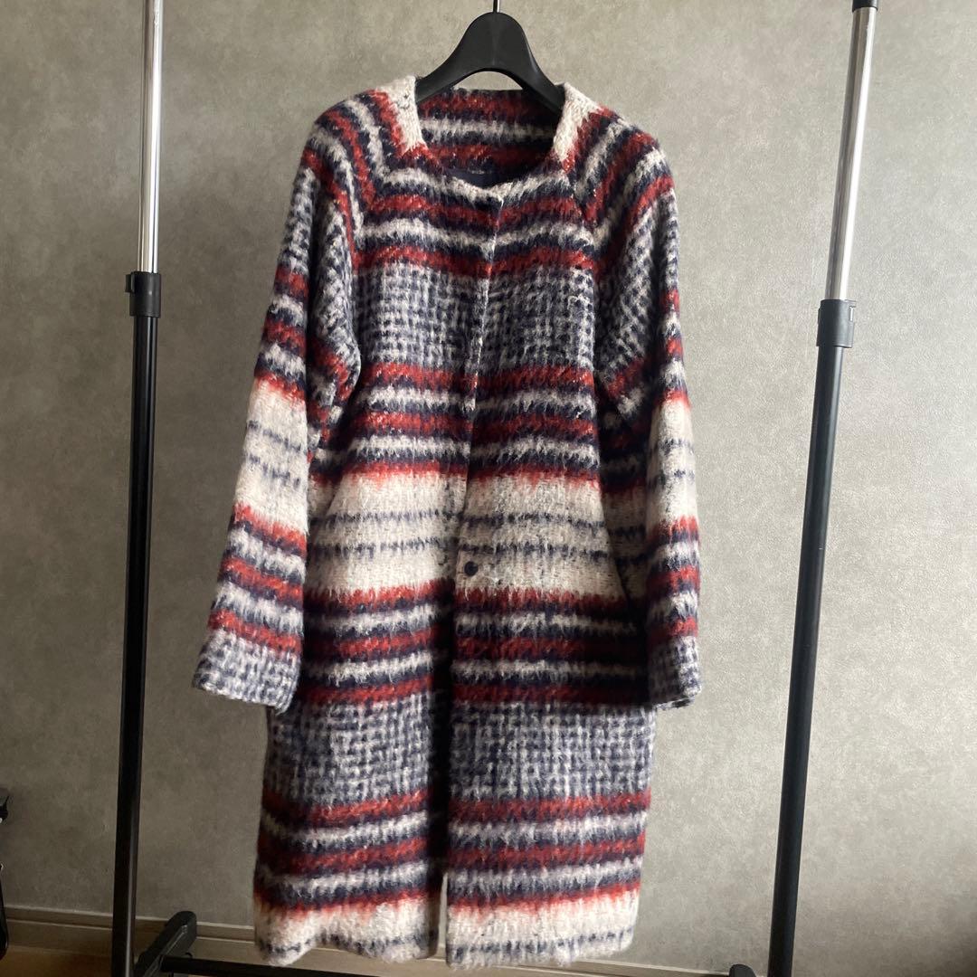 SHIPS シャギーチェック　ノーカラーコート　ロングコート