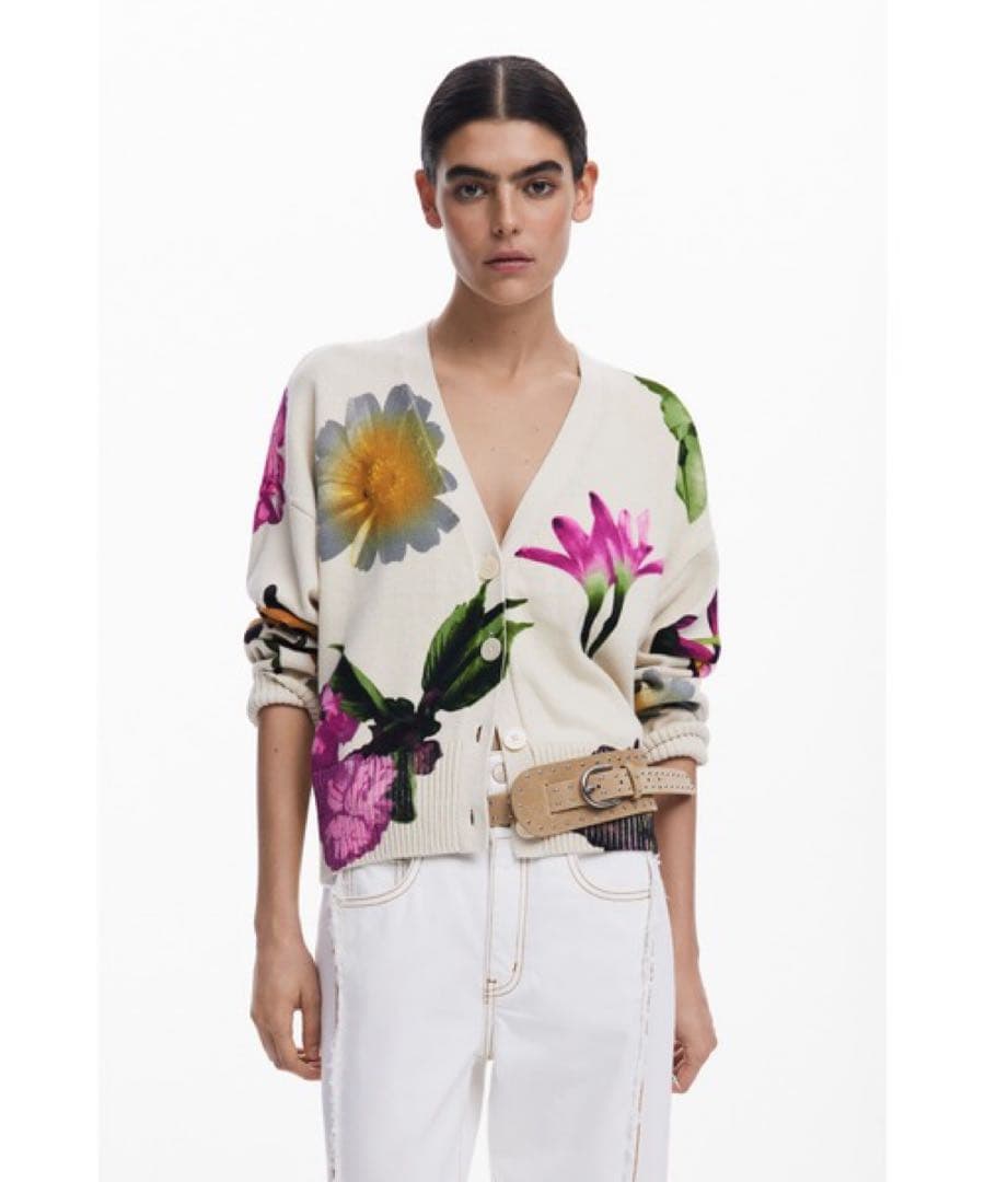 Desigual デシグアル ビッグフラワー Vネックカーディガン オフホワイト