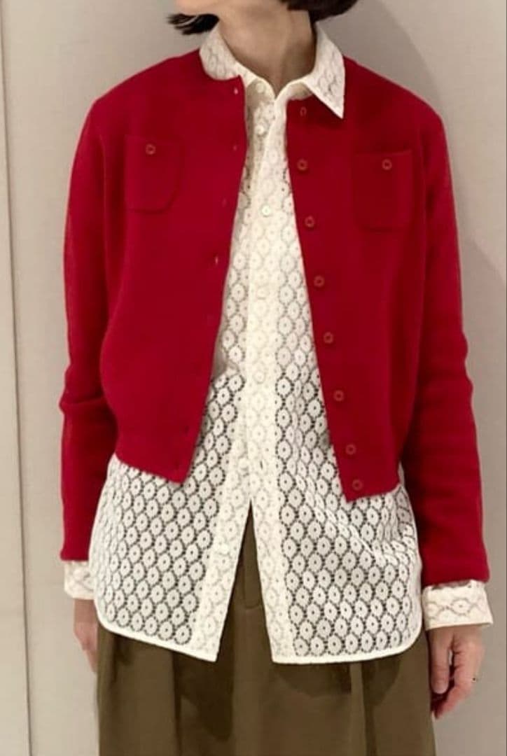 【美品】CABaN コットンカシミヤ クルーネックカーディガン 赤