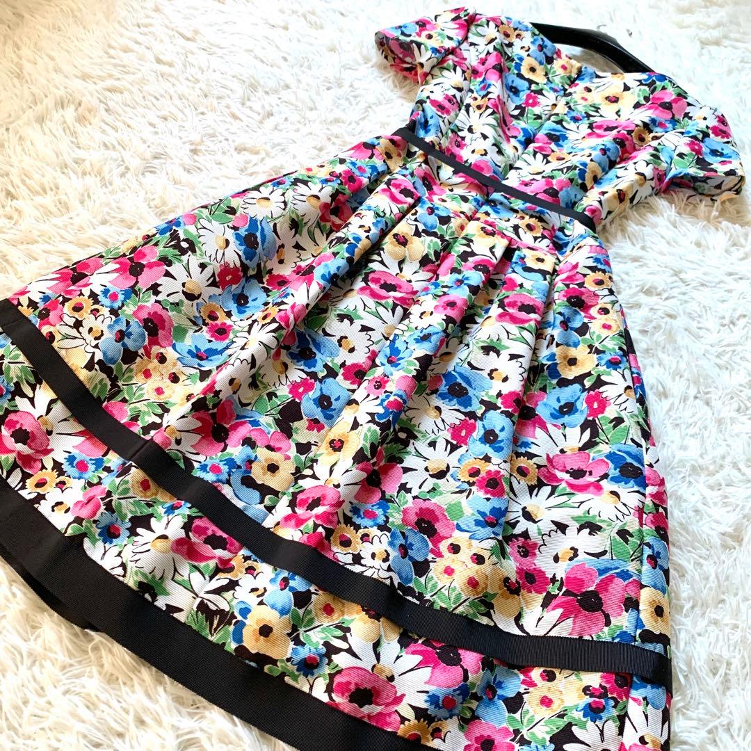 美品✨エムズグレイシー フラワーモチーフ フレア タック ワンピース 40