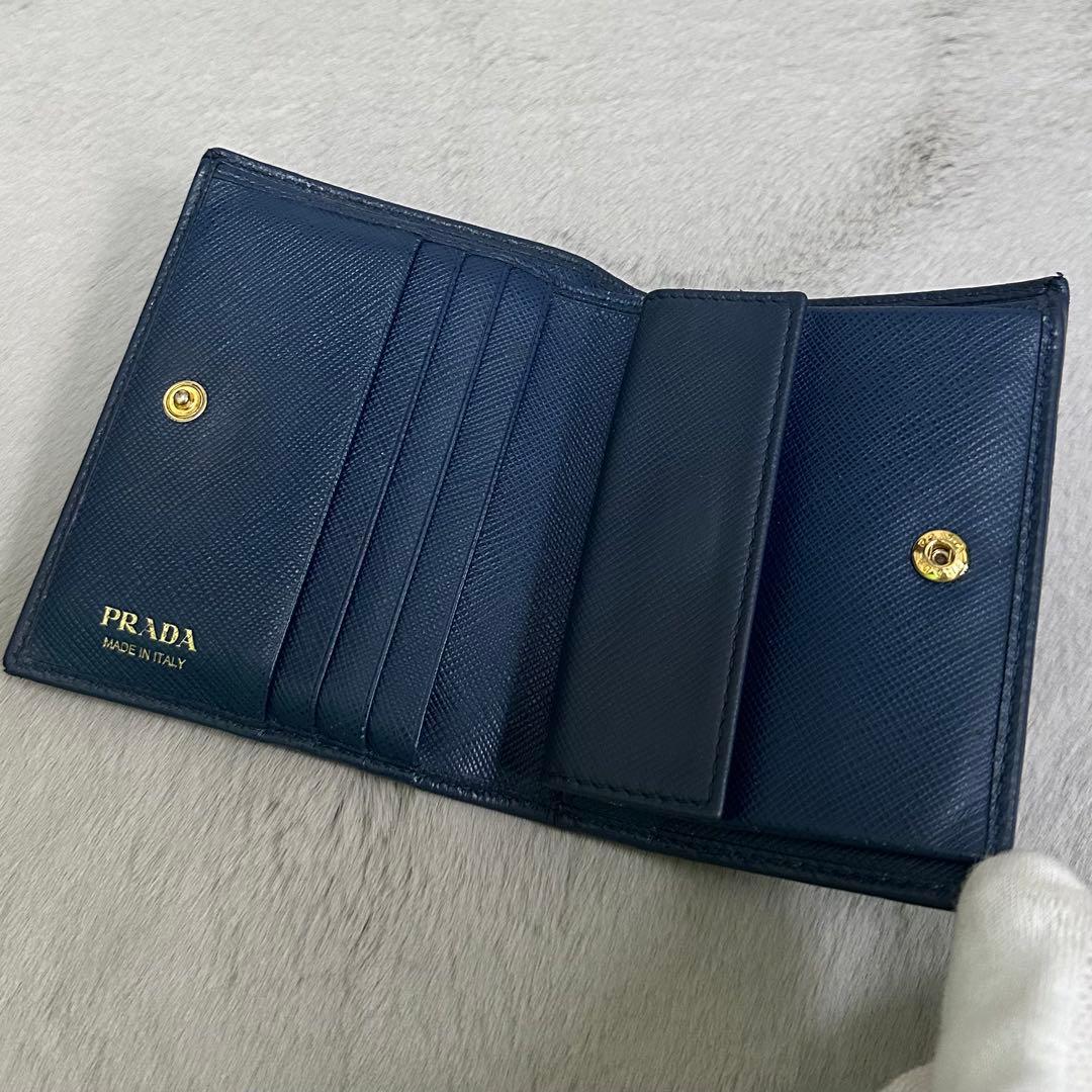 PRADA プラダ　折り財布　ゴールドロゴ ブルー　サフィアーノレザー