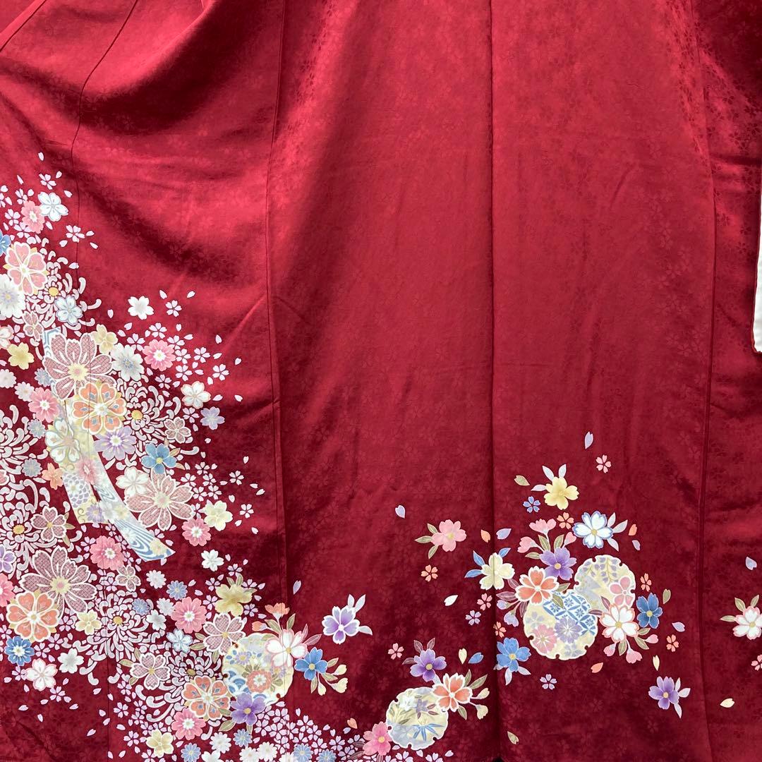 ☆中古品☆振袖　単品　正絹　赤系花模様B級品ヤケ・小キズ有り振袖